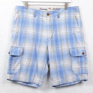 TOMMY BAHAMA Blue Plaid Cargo Shorts 100% Cotton Vacation Beach Mens Sz 35